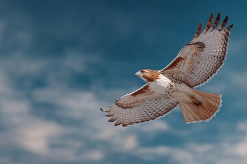 Red-tailed hawk soars through a cloudy sky, wings fully extended, feathers beautifully detailed and visible in the sunlight.