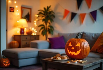 Obraz premium A close-up of a glowing pumpkin placed in a living room at night, on a wooden table, Halloween decor.