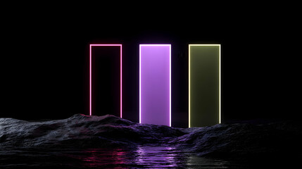 pillars rising from obsidian ground under starless digital night