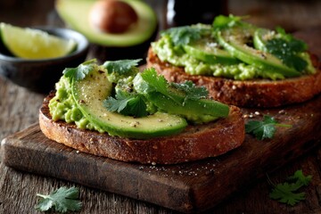 Avocado toast with mashed avocado, sliced avocado, and cilantro on toasted multigrain bread on a wood surface