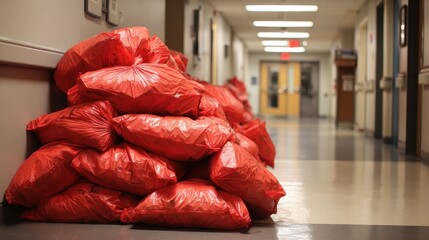 Biohazard infectious waste bags stacked in hospital corridor, clinical environment, medical waste management