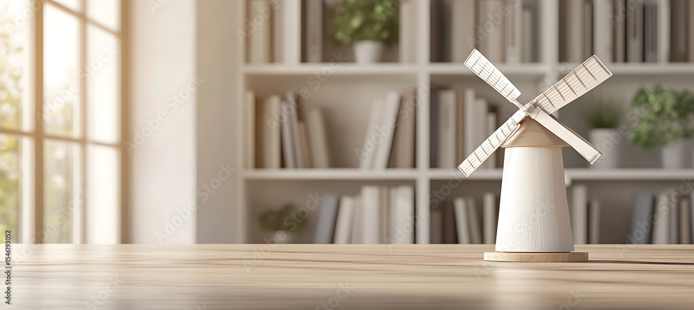Poster minimalist windmill model placed near office bookshelf with clean space perfectly suited for brandin