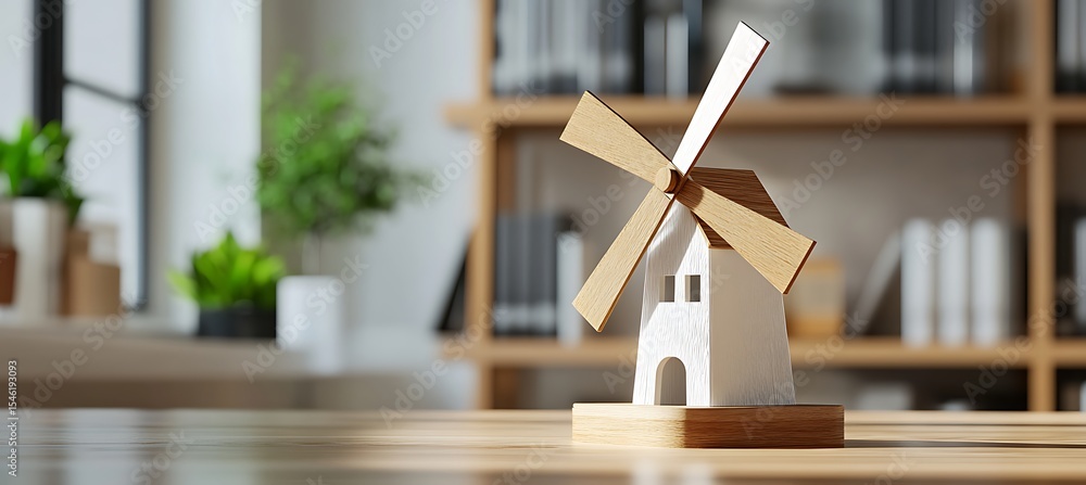 Poster minimalist windmill model placed near office bookshelf with clean space perfectly suited for brandin