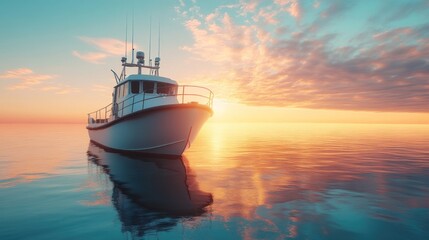 White fishing boat at sunset on calm water.