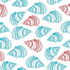 Colorful Tropical seashells seamless pattern. Mediterranean summer abstract background. Hawaii marine background.Vector folk art Hand drawn illustration for seasonal design, surface,holiday vacation.