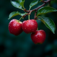 Three ripe red cherries on branch with green leaves, water droplets