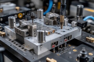 Fototapeta premium Complex automated manufacturing assembly machine utilizing several moving parts for precision placement and construction of components