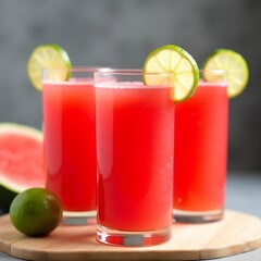 Refreshing Watermelon Juice with Lime Garnish in Glasses on Wooden Tray