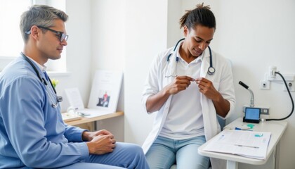 Fototapeta premium Health professionals engage in a meaningful consultation in a modern clinic setting with a focus on patient care and communication