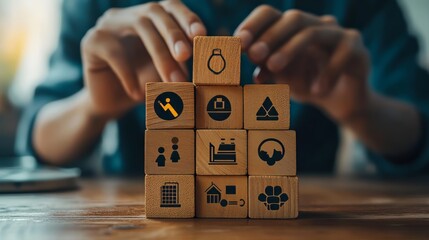 A person stacking wooden blocks with HSE icons representing health, safety, and environmental standards in industrial work