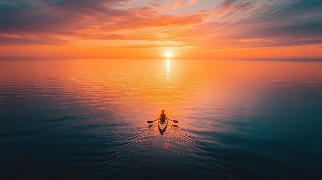 Kayaker enjoying a tranquil sunset on a calm lake.
