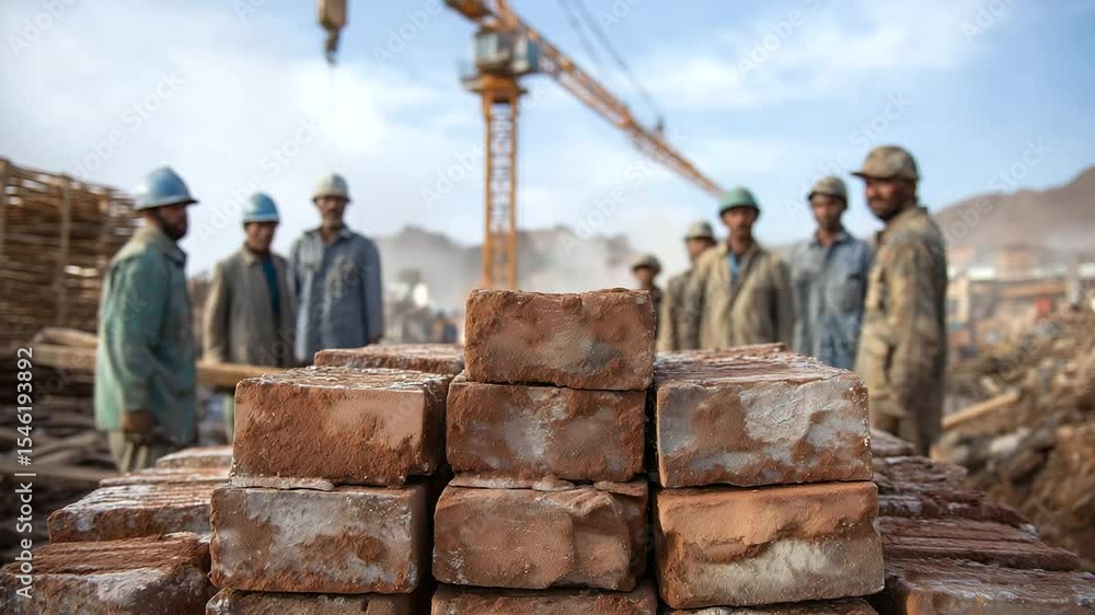 Poster stacks of rough-edged red bricks sit on dusty ground with a towering crane overhead and a group of c
