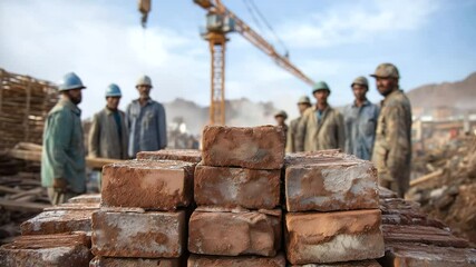 Stacks of rough-edged red bricks sit on dusty ground with a towering crane overhead and a group of construction workers aligning support beams