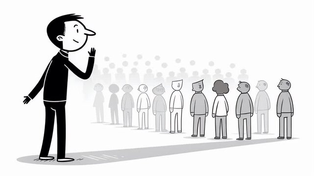 Stickman Figure Giving Speech to Blurred Crowd in Black and White Explaining Strategy and Giving Motivation Standing Isolated