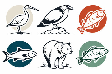 Collection of wildlife animal illustrations isolated on white background