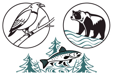 Fototapeta premium Raven bear and fish illustrations isolated on white background