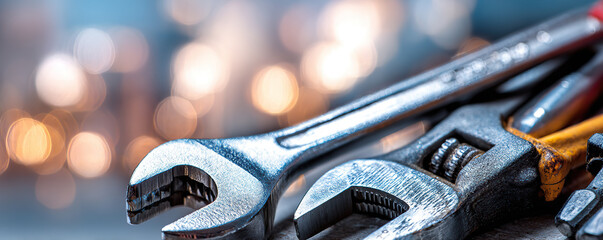 Tools arranged on a workbench ready for mechanical tasks and repairs, highlighting metal texture and craftsmanship in a workshop setting