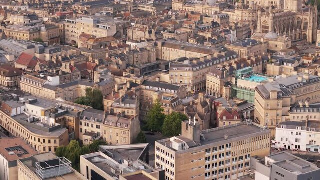 Aerial footage of the spledind, vibrant and unique town of Bath and it Roman's bath in United Kingdom 