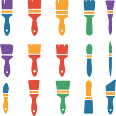 Set of 16 colorful paintbrush illustrations in flat design. Great for creative tutorials, digital design assets, painting apps, and DIY project content.
