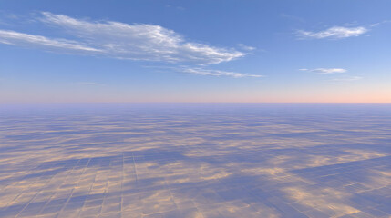 stretching into the horizon with waves of colorful digital fog above