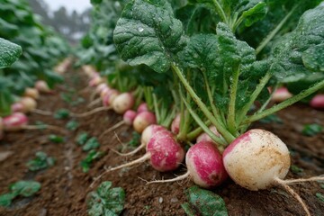 Fresh radishes growing in a row, featuring pink and white bulbs with green leaves covered in morning dew in outdoor field