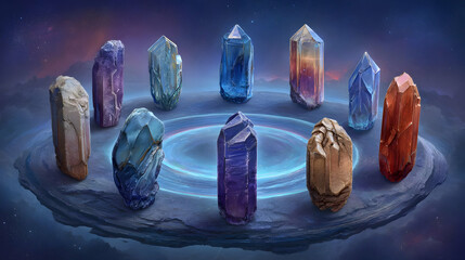 crystals arranged in harmonic orbits around a glowing energy source