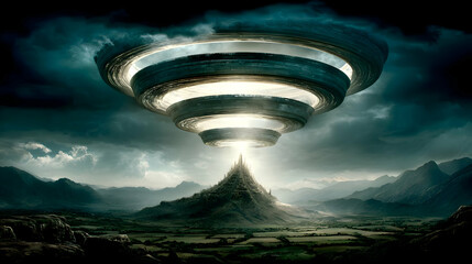 translucent rings rotating slowly over floating landscape with glowing contours