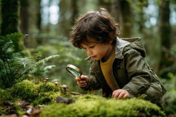 Young Explorer Examining Mushrooms in the Forest