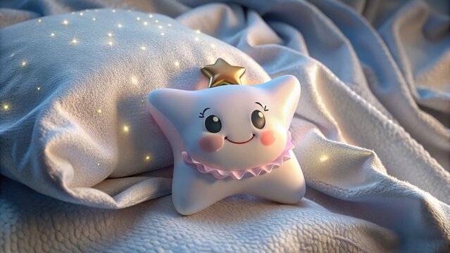 Cute star-shaped plush toy resting on soft pillow with fairy lights - Concept of National Tooth Fairy Day
