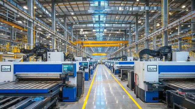 Panoramic shot of modern metal fabrication plant with rows of industrial bending machines processing various steel thicknesses in parallel