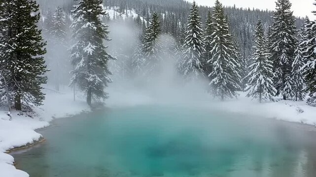 Serene hot spring surrounded by snow-covered pine trees in a tranquil winter landscape