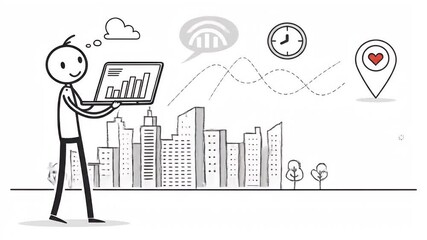 Stickman Holding Laptop with Graph Overlayed on City Skyline with Clock Icon on White Backdrop Perfect for Business Report and Technology Concept Illustration - Powered by Adobe