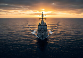 modern destroyer ship with communication arrays at sea
