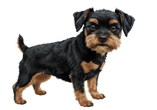 A small, dark Jagdterrier or Patterdale Terrier standing in a tenacious and alert hunting pose