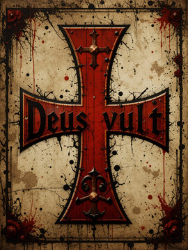 Deus vult. A Christian motto relating to Divine providence. It was first chanted by Catholics during the First Crusade in 1096. Grunge templar red cross. Knights crusader symbol. Vector illustration.