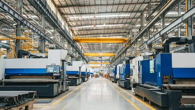 Panoramic shot of modern metal fabrication plant with rows of industrial bending machines processing various steel thicknesses in parallel