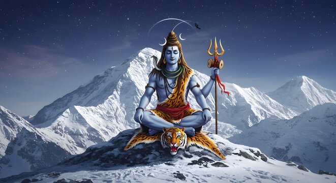 Illustration of the Hindu god Shiva meditating on a tiger skin atop a snowy mountain peak.