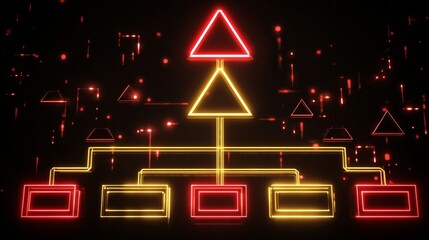 Striking neon-style graphic with hierarchical structure of geometric shapes and lines on dark background, featuring red and yellow triangles, rectangles, and illuminated accents for a dynamic