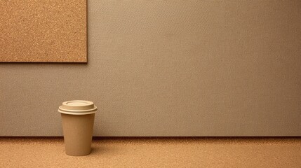 Single disposable coffee cup with light-colored lid on cork-like surface, positioned bottom left, cork board upper left, textured neutral wall background, earthy browns and beige tones,