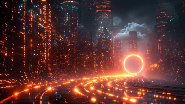 Futuristic glowing cyber city with illuminated skyscrapers, neon roads and sci-fi digital landscape at night.