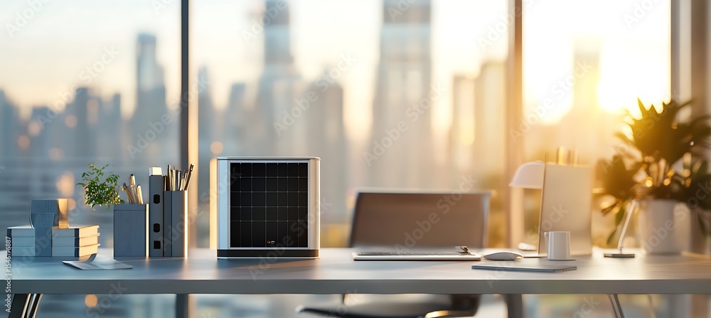 Poster advanced solar panel concept setup on a dark professional workstation featuring a clearly defined br