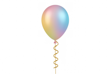 Vibrant helium balloon drifting, golden ribbon trailing against transparent backdrop, symbolizing celebratory moments and joyful gatherings
