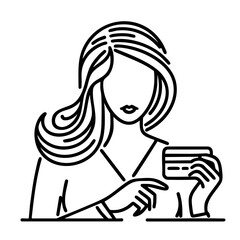 Woman with a contemplative mood looking at a credit card