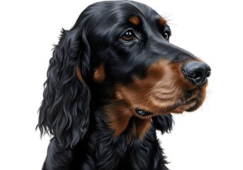 Headshot of a handsome Gordon Setter with its distinctive black and tan coat and intelligent eyes