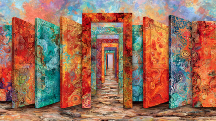 of floating doors each pulsing with mysterious patterns and shifting colors