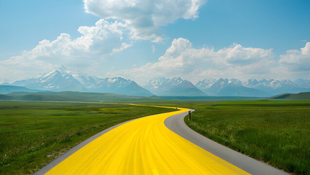Yellow road curves through green fields toward snow capped mountains