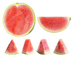 Close-up of fresh, ripe watermelon slices in various shapes, isolated on a white background with...