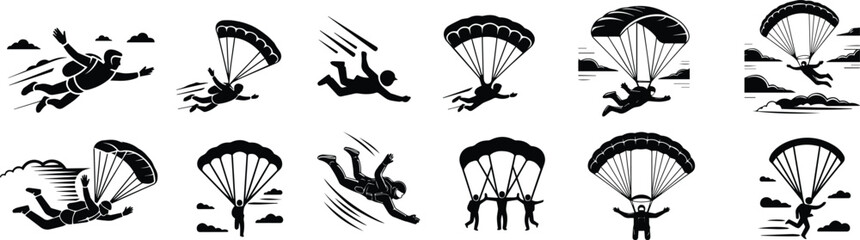 Silhouettes of people skydiving and parachuting in various positions