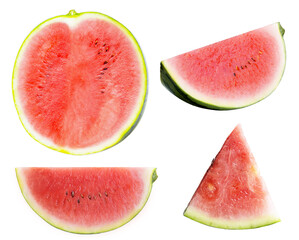 Close-up of fresh, ripe watermelon slices in various shapes, isolated on a white background with...