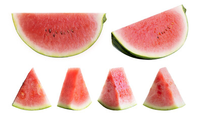 Close-up of fresh, ripe watermelon slices in various shapes, isolated on a white background with...